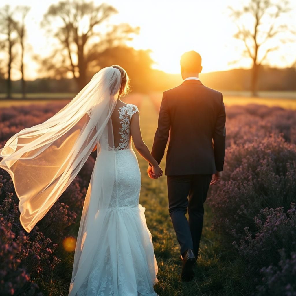 Ein Brautpaar geht Hand in Hand durch ein blühendes Feld bei goldenem Sonnenuntergang.