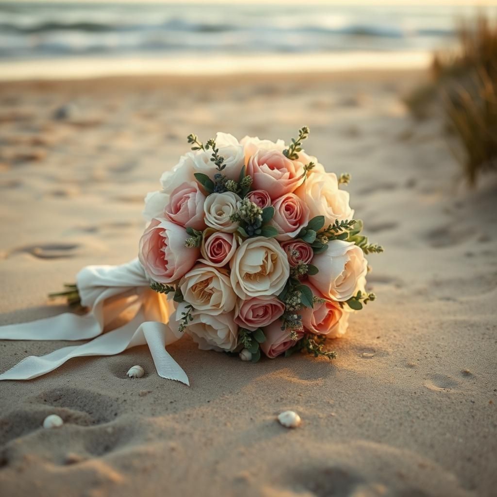 Ein romantischer Strauß aus zarten Rosa- und Weißtönen liegt auf dem sandigen Strand vor dem Hintergrund des Meeres.