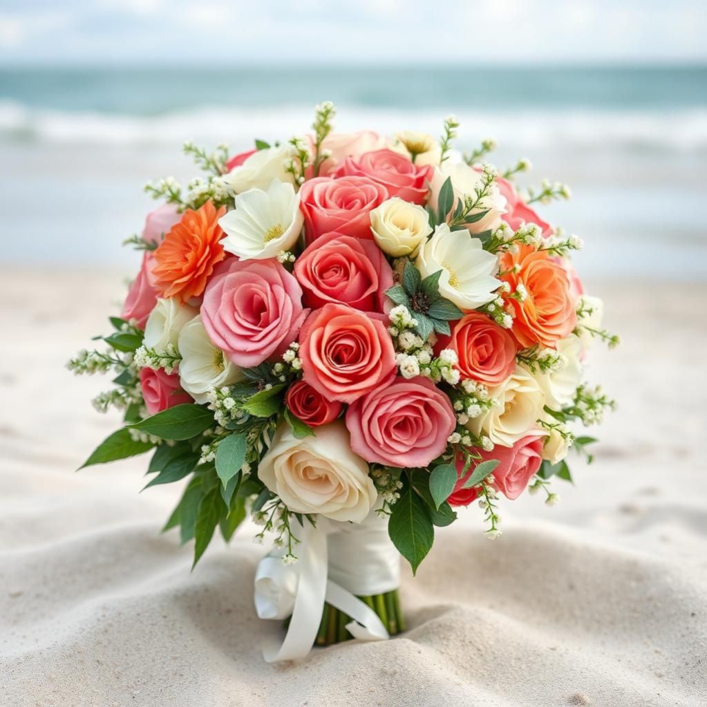 Bunter Blumenstrauß aus Rosen auf sandigem Strand vor dem Meer